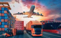 Transportation and logistics of Container Cargo ship and Cargo plane. 3d rendering and illustration.